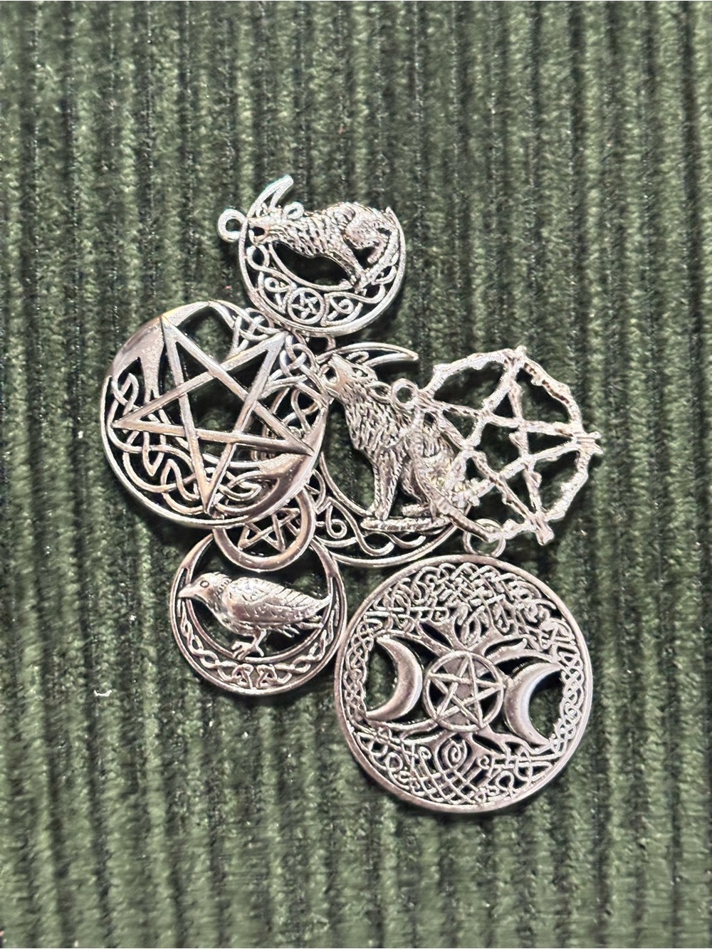 6 pc - Silver Tone Pagan Pentagram and Triple Moon Jewelry Charms- multi-size